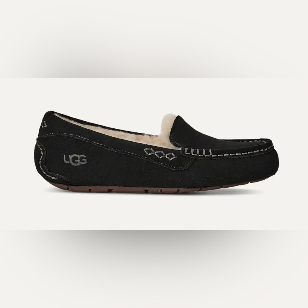 UGG Black Suede Ansley Moccasin with Cream Shearling Trim women’s size 7 38